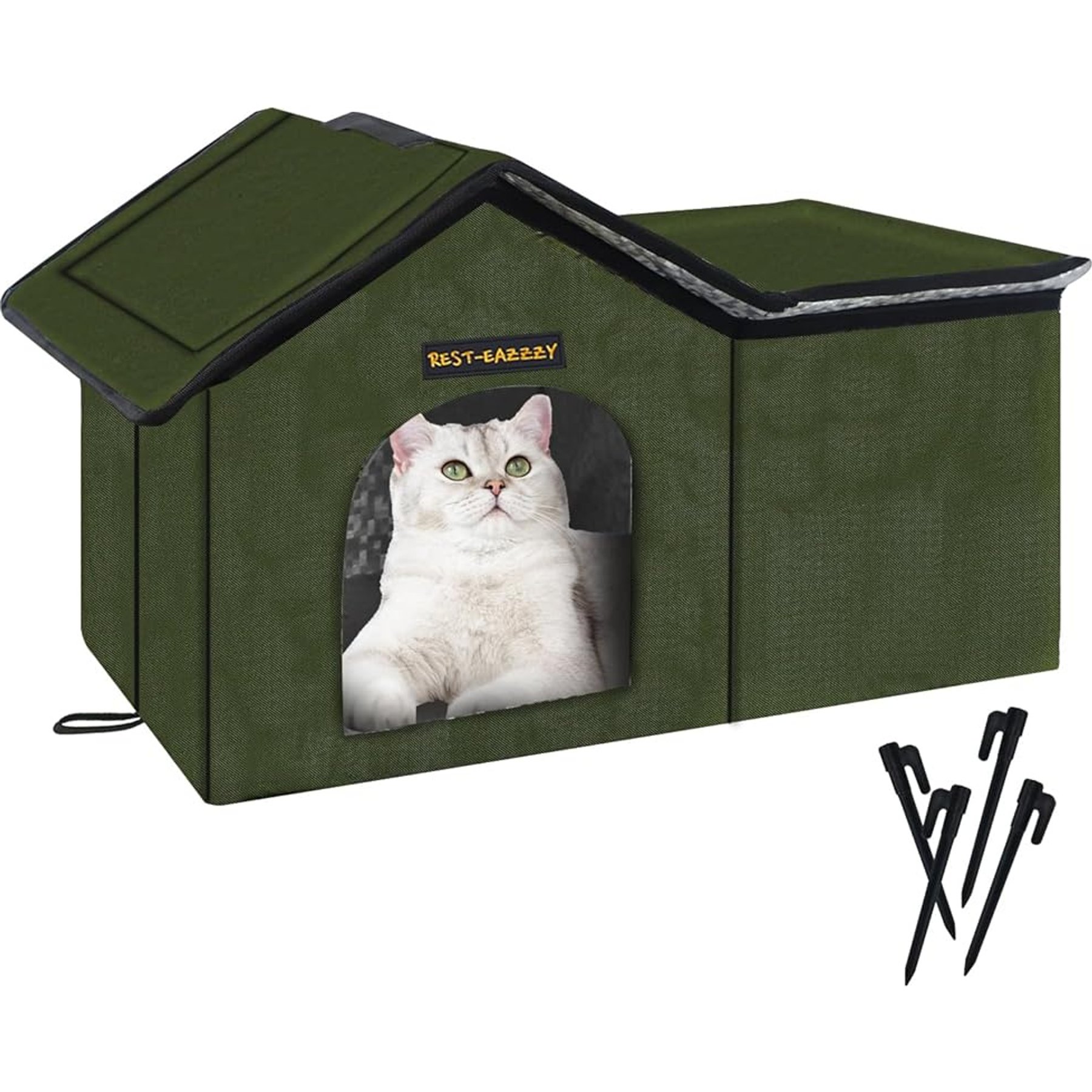 Rest-Eazzzy Weatherproof Insulated Self Warming Outdoor Cat House with Mat & Clip, Green, Medium, 1 count