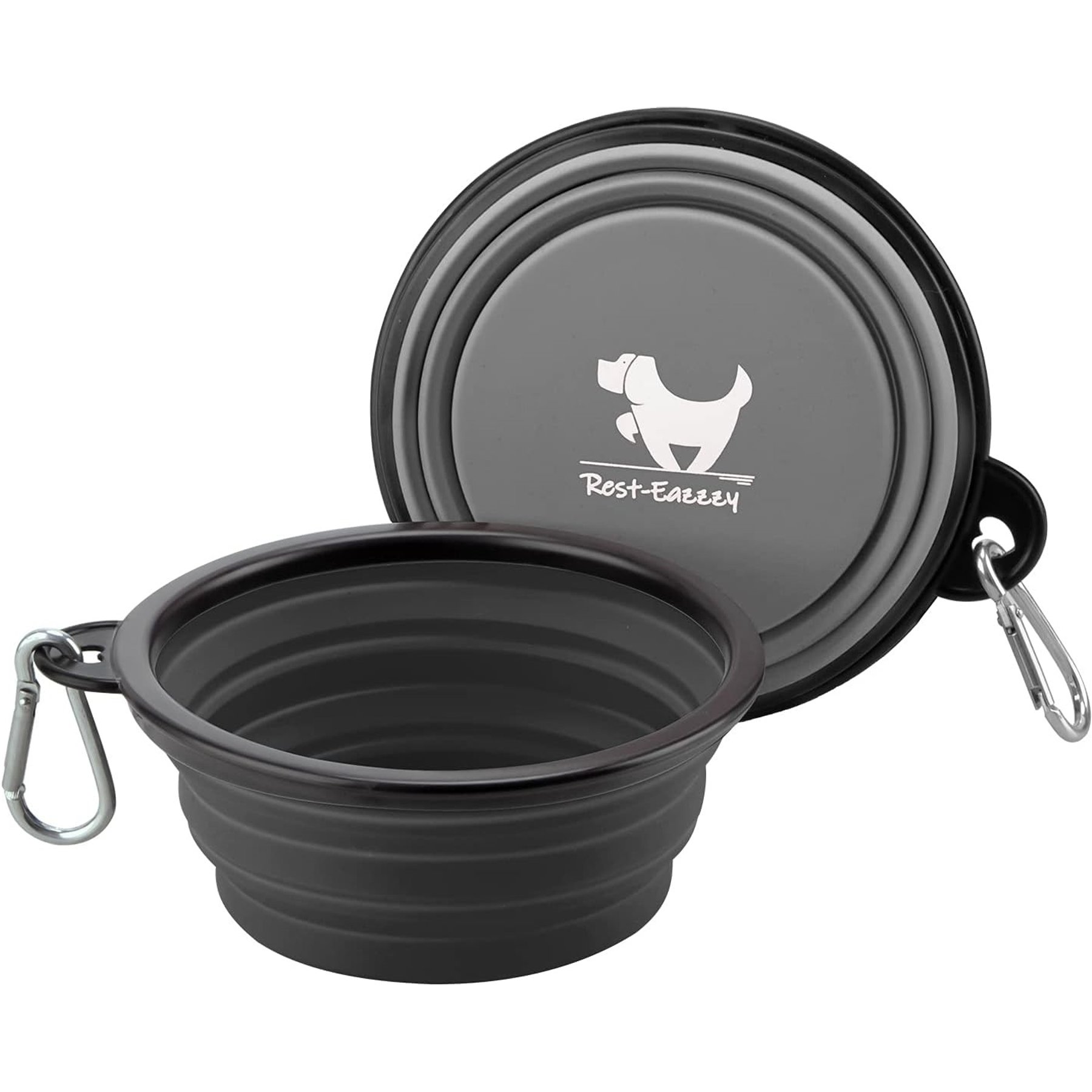 Rest-Eazzzy BPA-Free Collapsible Portable Foldable Travel Friendly Thermoplastic Rubber Dog & Cat Bowl, 2 count, Grey & Black, Large: 33-oz