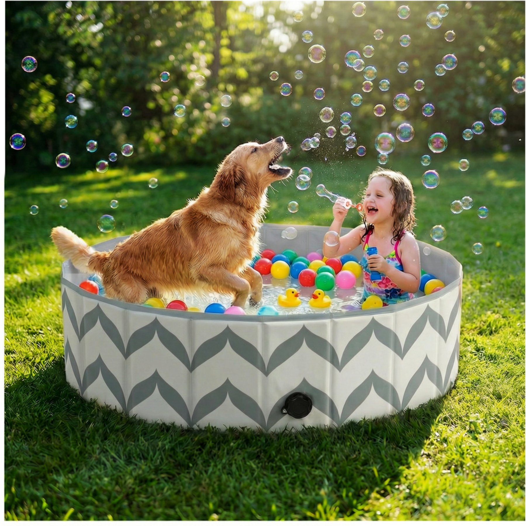 furrybaby Indoor & Outdoor Foldable Portable Kiddie Dog Pool, Large, 47.2-in, Gray/White
