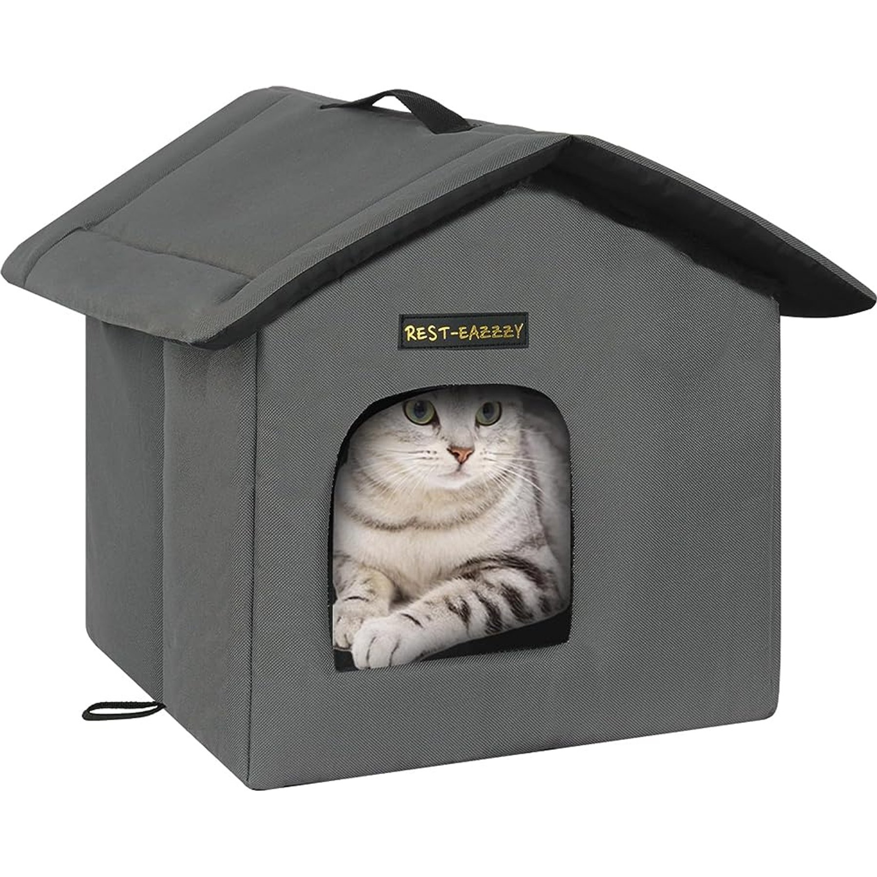 Rest-Eazzzy Weatherproof Insulated Self Warming Outdoor Canopy Cat House with Mat, Small, Grey, 1 count