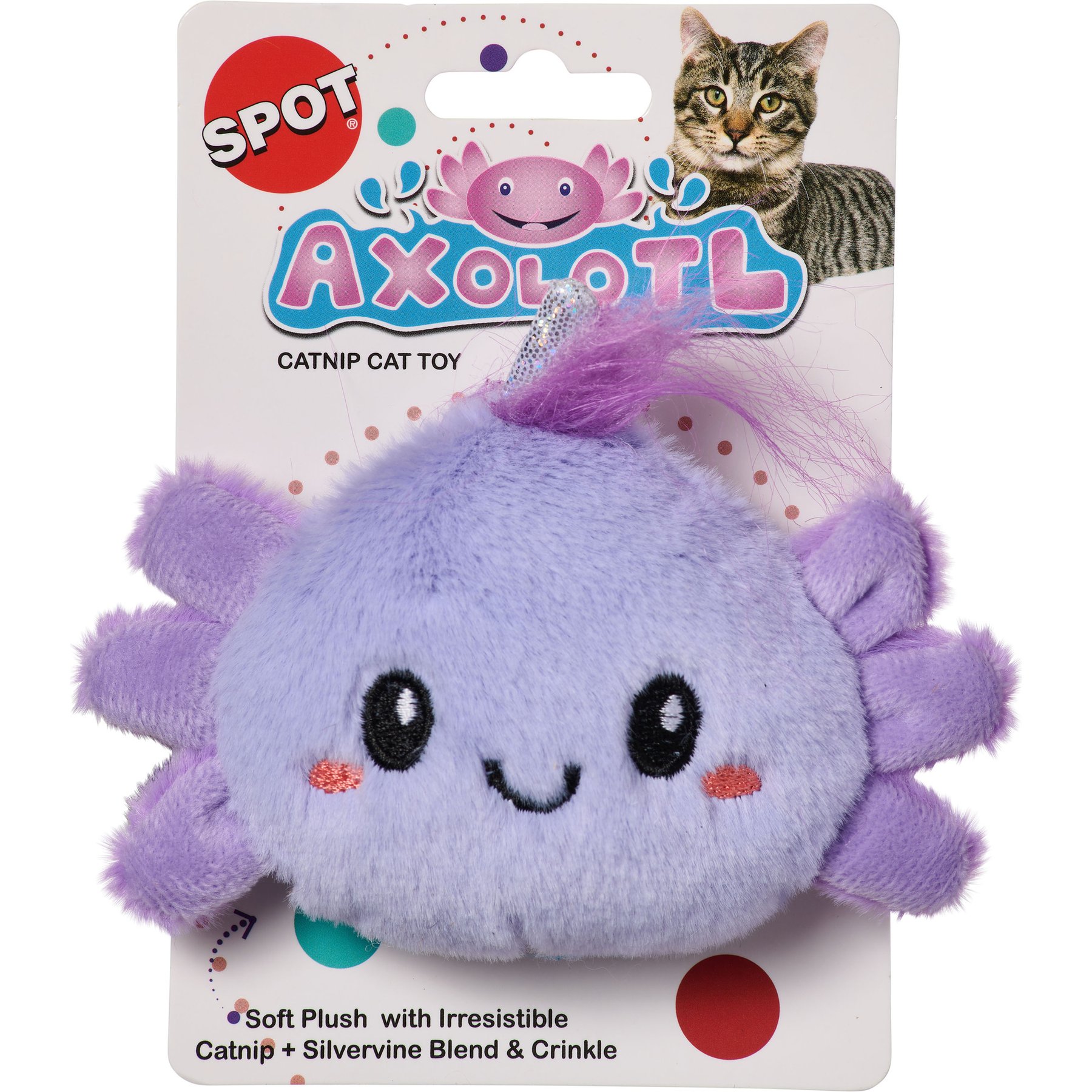 Spot Axolotl Faces Asst Plush Cat Toy, Purple/Grey/White, 5-in