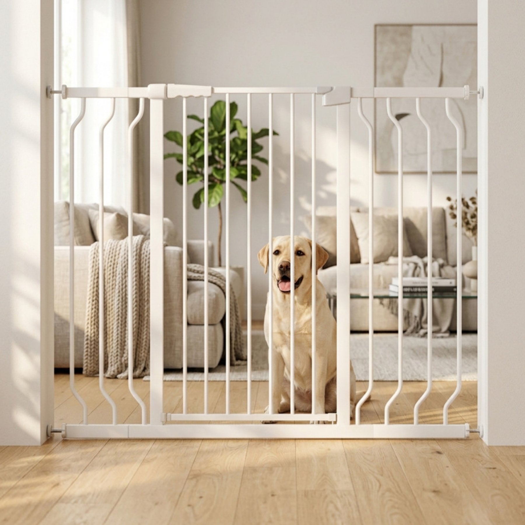 WAOWAO Extra Tall Pressure Mounted Adjustable Metal Pet Dog Gate, 40.55-in x 33-47-in, White