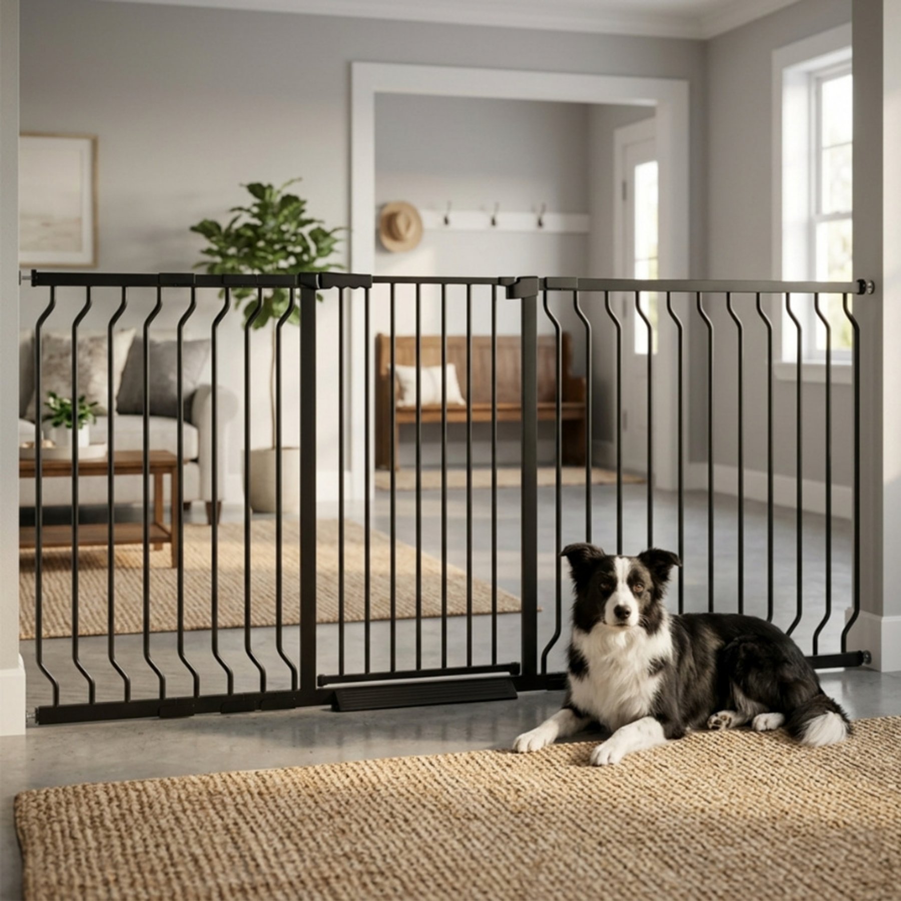 WAOWAO Extra Tall Pressure Mounted Adjustable Metal Pet Dog Gate, 40.55-in x 74-85-in, Black