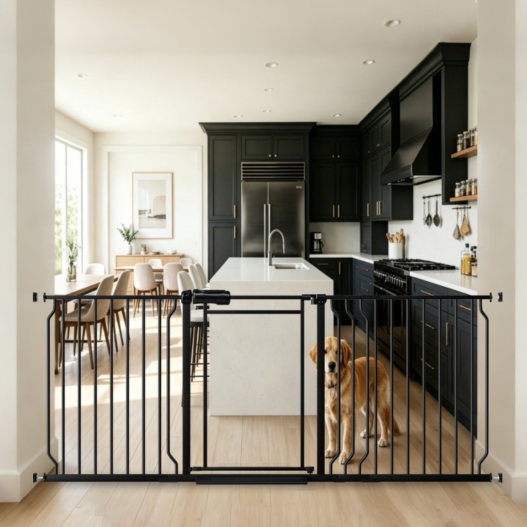 WAOWAO Extra Wide Triple Lock Adjustable Pet Dog Gate with Clear Acrylic Panel, Black, 65 to 73-in