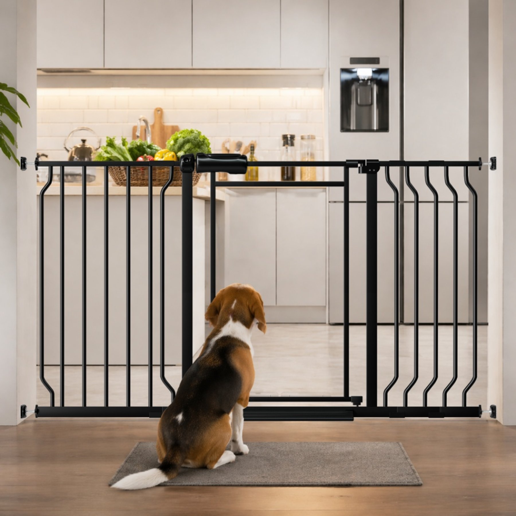 WAOWAO Extra Wide Triple Lock Adjustable Pet Dog Gate with Clear Acrylic Panel, Black, 48 to 56-in