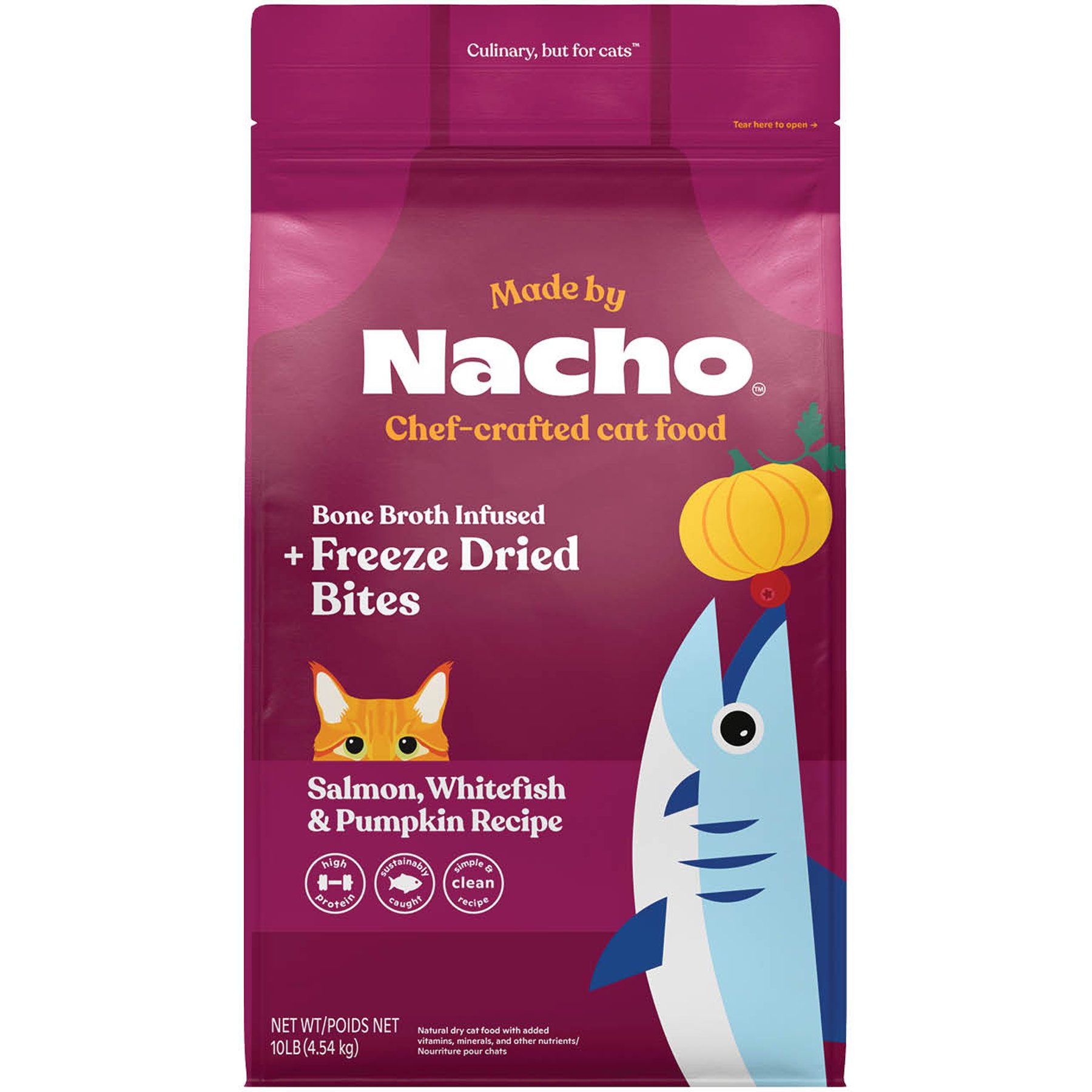 Made by Nacho Sustainably Caught Salmon, Whitefish & Pumpkin Recipe with Freeze-Dried Chicken Liver Dry Cat Food, 10-lb bag