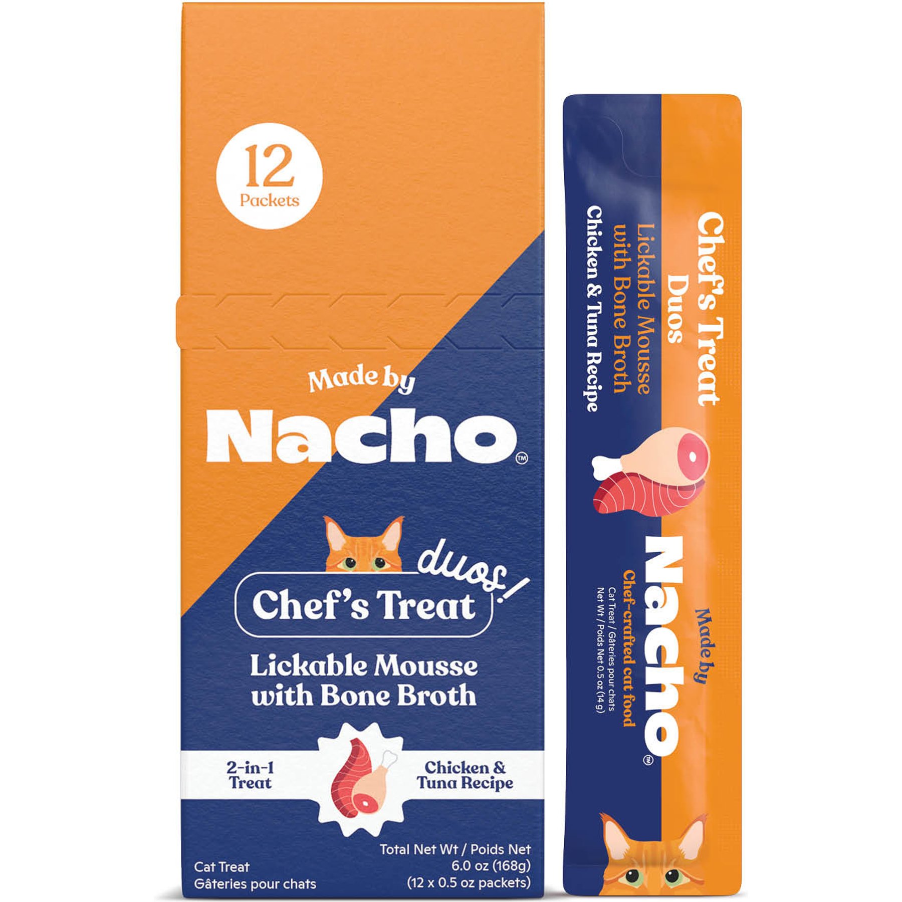 Made by Nacho Duo Mousse Chicken & Tuna Recipe Grain-Free Lickable Cat Treat, 0.5-oz tube, 12 count
