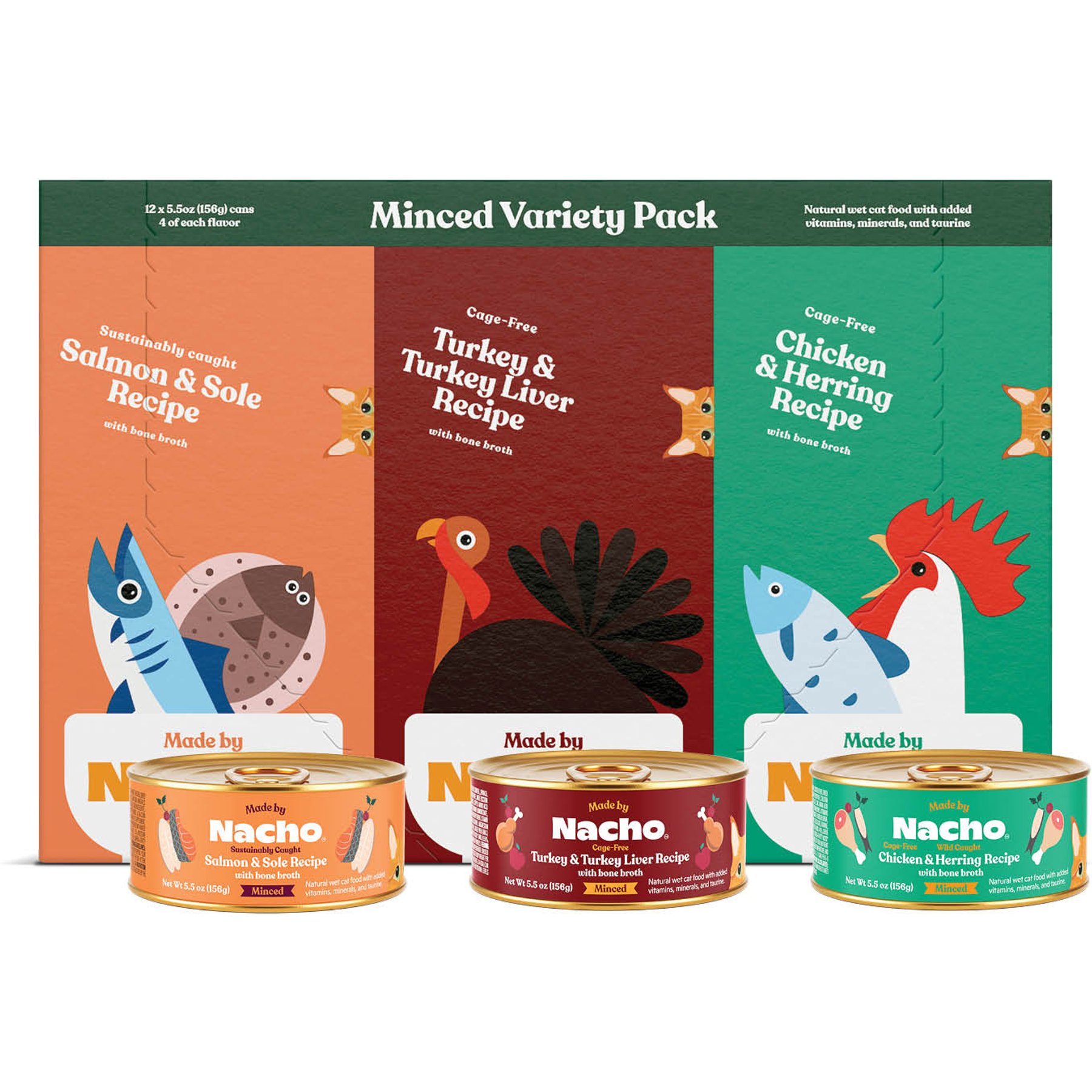 Made by Nacho Chicken, Herring, Salmon & Turkey Variety Pack Minced Wet Cat Food, 5.5-oz can, case of 12