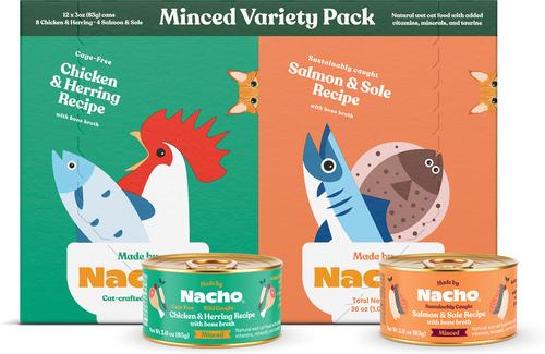 Made by Nacho Chicken, Herring & Salmon Variety Pack Minced Wet Cat Food, 3-oz can, case of 12