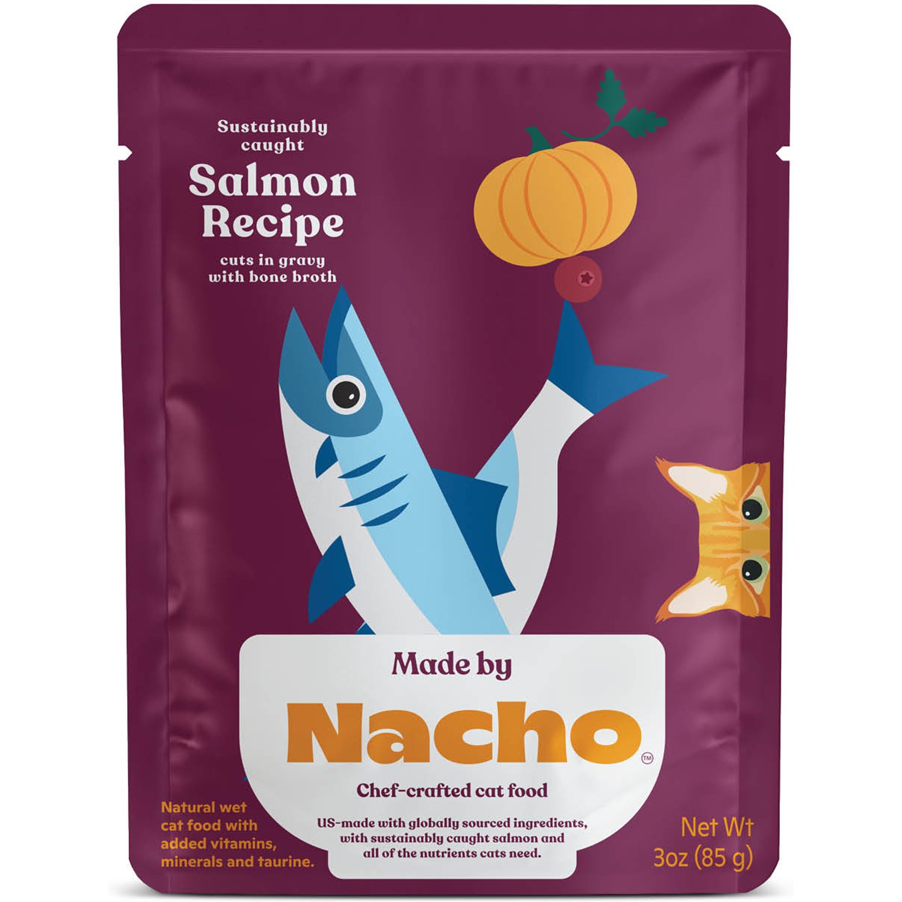 Made by Nacho Sustainably Caught Salmon Recipe Cuts In Gravy with Bone Broth Wet Cat Food, 3-oz pouch, bundle of 24