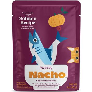 Made by Nacho Sustainably Caught Salmon Recipe Cuts in Gravy with Bone Broth Wet Cat Food, 3-oz pouch, case of 12