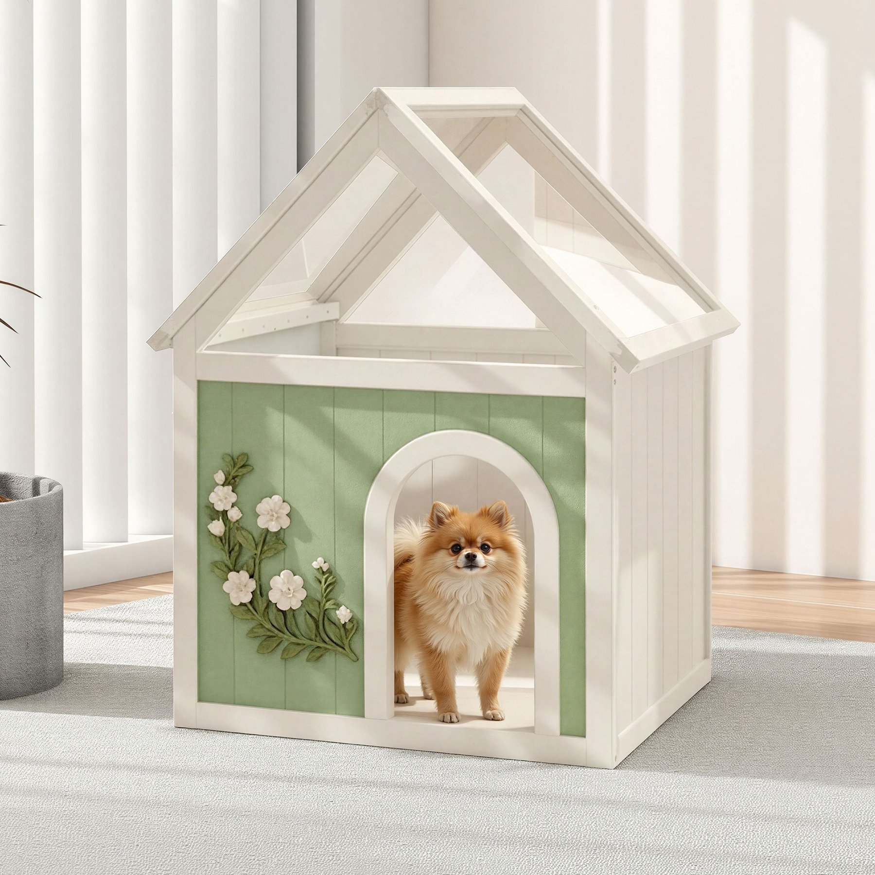Yafylly Sage Clear Acrylic FSC Certified Wooden Cedar Indoor Cat House, Green