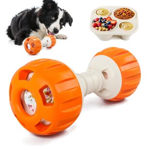 allforpaws Treat Hider Treat Ball Dumbell Dog Toy, Orange, 7.5 x 3.9 x 4.3-in