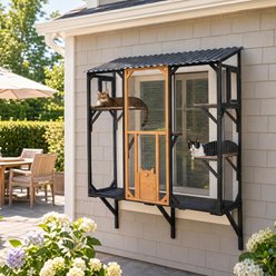 Yafylly Outdoor Window Catio Wooden Cat House, Black & Brown