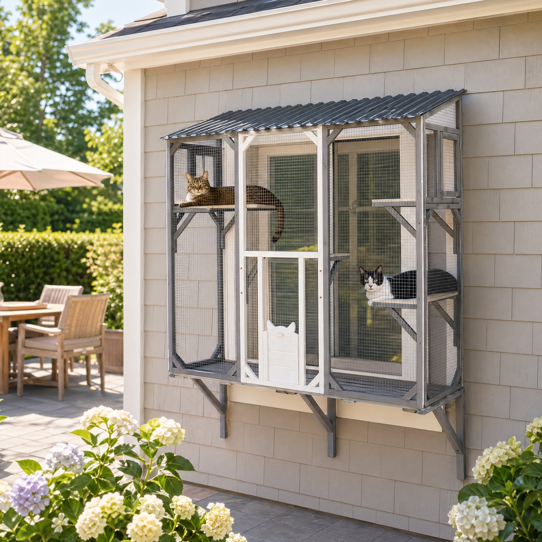 Yafylly Outdoor Window Catio Wooden Cat House, Grey & White