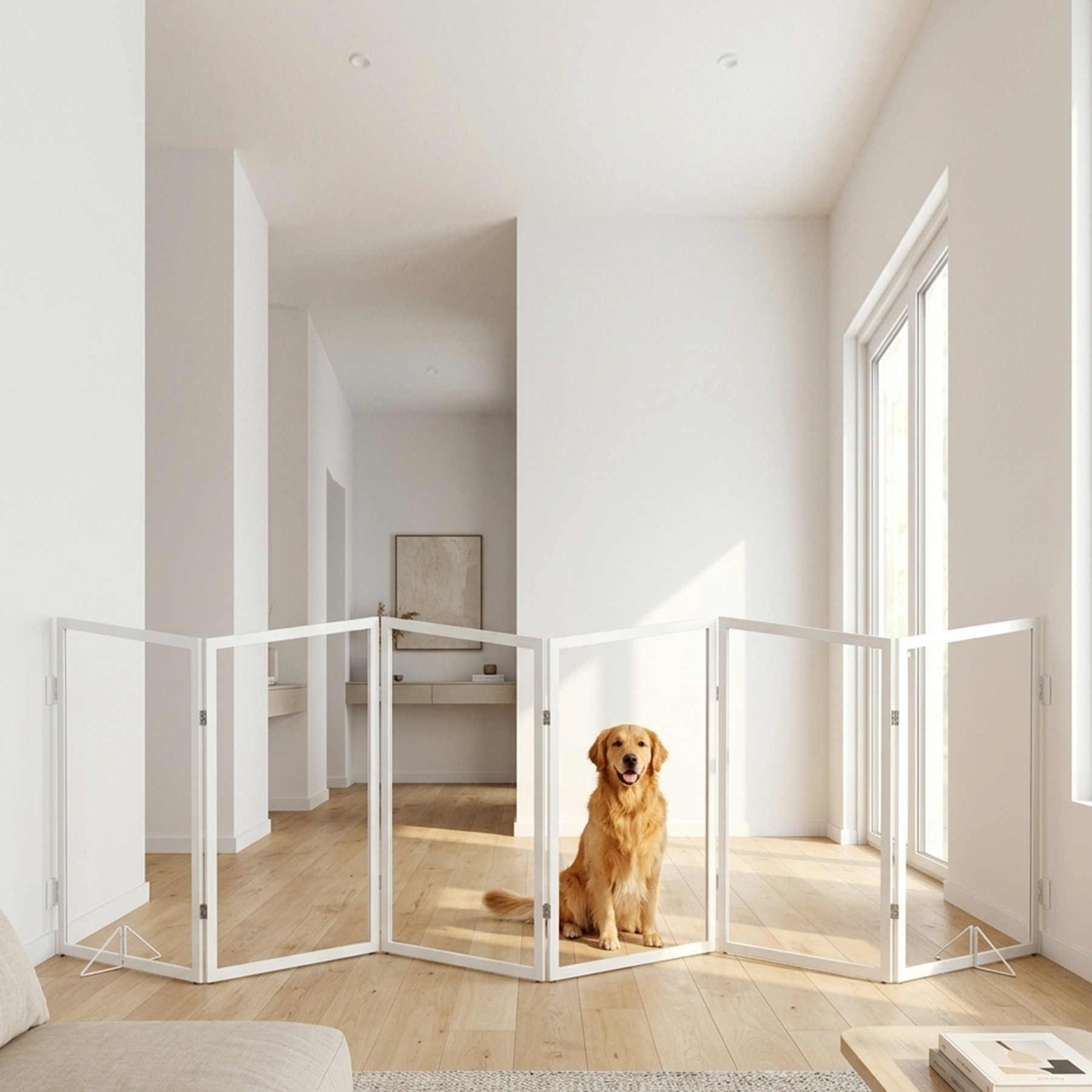 WAOWAO Wooden Extra Wide Freestanding Dog Gate with Clear Acrylic Stairs/Hallway, White, 31 x 102-in, 6-Panel