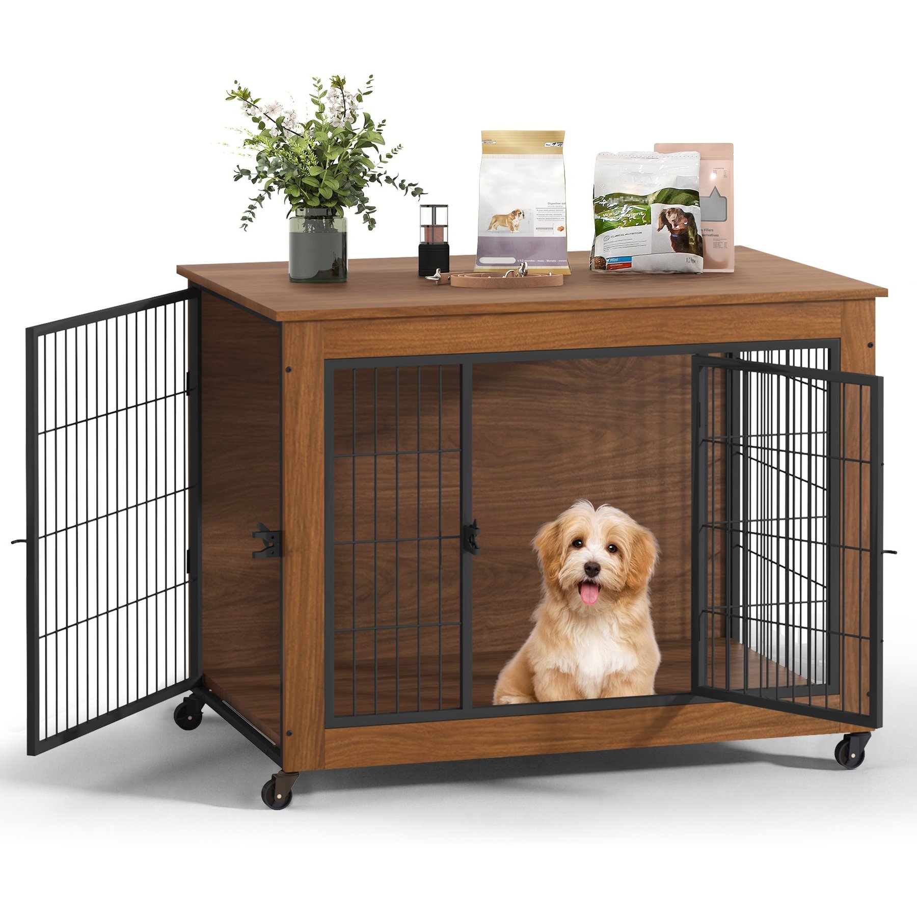 Yafylly Heavy Duty Wooden 2 Door Wheeled Furniture Style Dog Crate, Brown, 38.6 Inch
