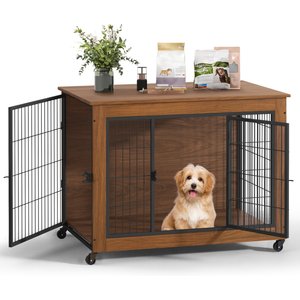 Yafylly Heavy Duty Wooden 2 Door Wheeled Furniture Style Dog Crate, Brown, 38.6 Inch
