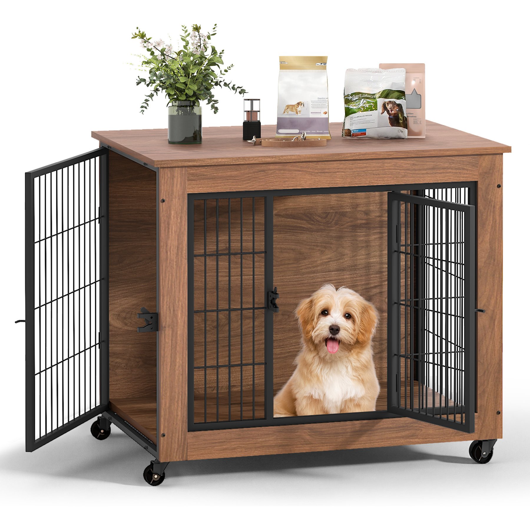 Yafylly Heavy Duty Wooden 2 Door Wheeled Furniture Style Dog Crate, Brown, 32.5 Inch