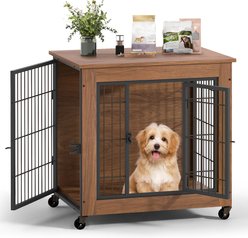 Yafylly Heavy Duty Wooden 2 Door Wheeled Furniture Style Dog Crate, Brown, 27.2 Inch