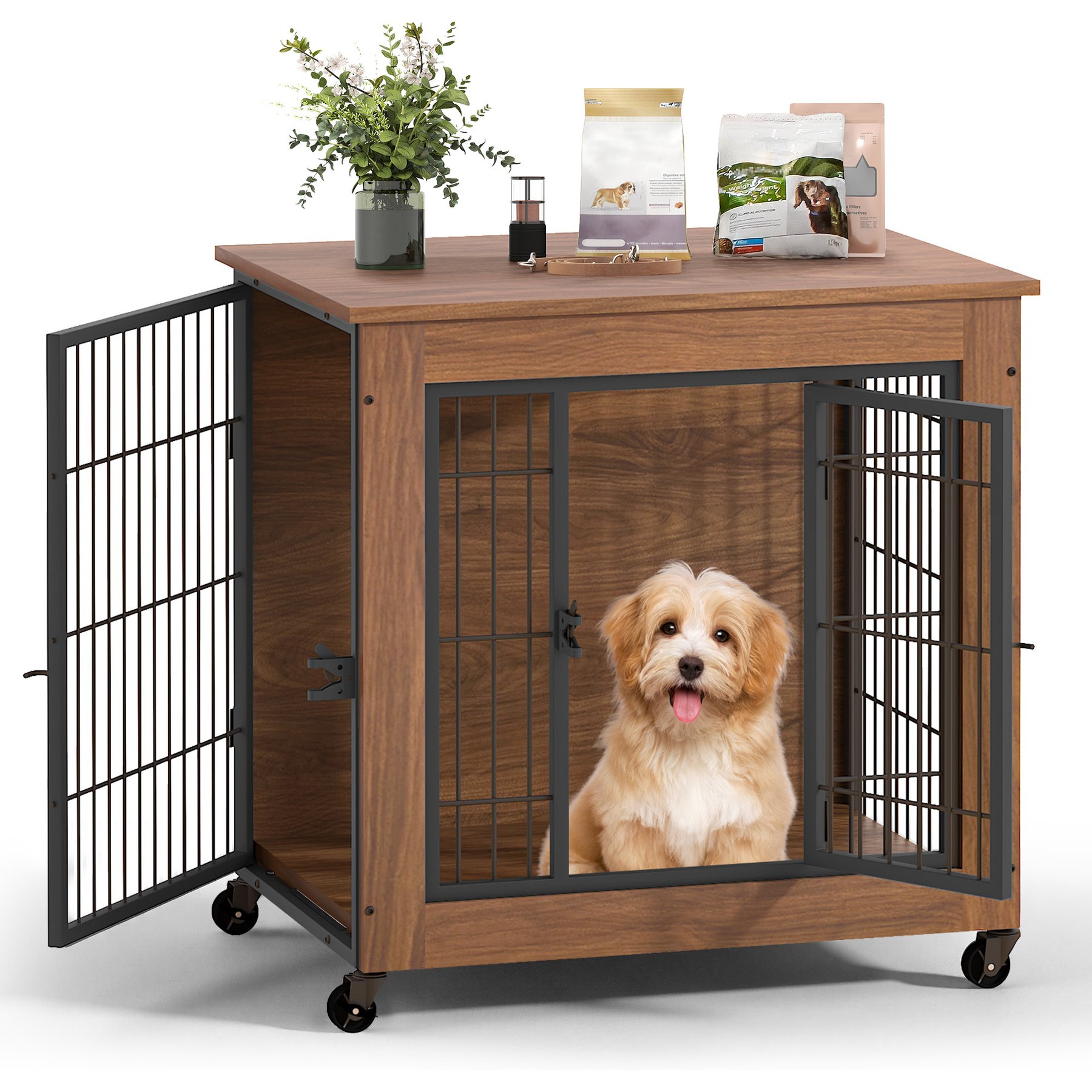 Yafylly Heavy Duty Wooden 2 Door Wheeled Furniture Style Dog Crate, Brown, 27.2 Inch