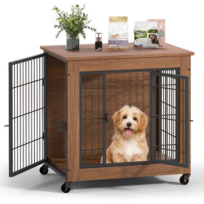 Yafylly Yafylly Heavy Duty Wooden 2 Door Wheeled Furniture Style Dog Crate, Brown, 27.2 Inch