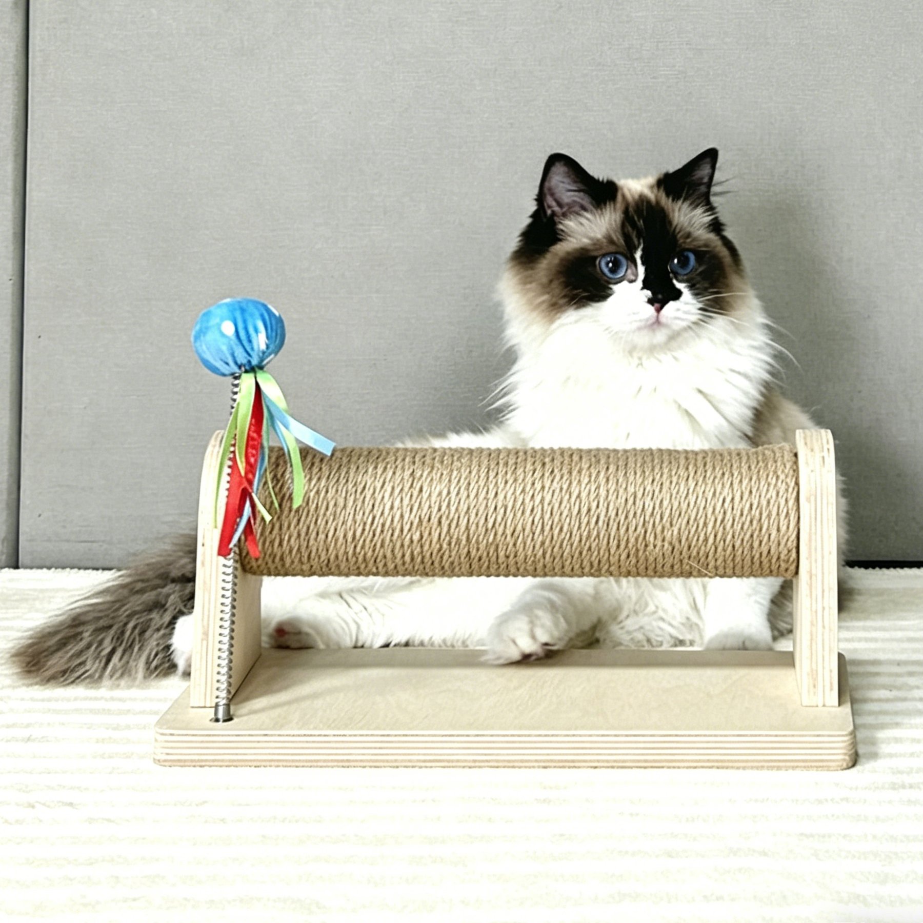 DOPZER Interactive Wooden Base Cat Scratching Roller Toy with Natural Sisal Rope, Spring Ball & Ribbon Teaser, 5.5 x 6.3 x 12.6-in