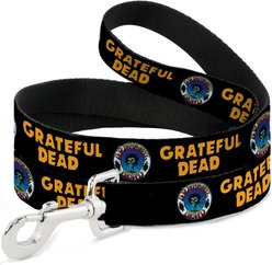 Buckle-Down Grateful Dead Text Skull & Roses Round Logo Polyester Dog Leash, Black/Yellow, 6-ft long, 1-in wide