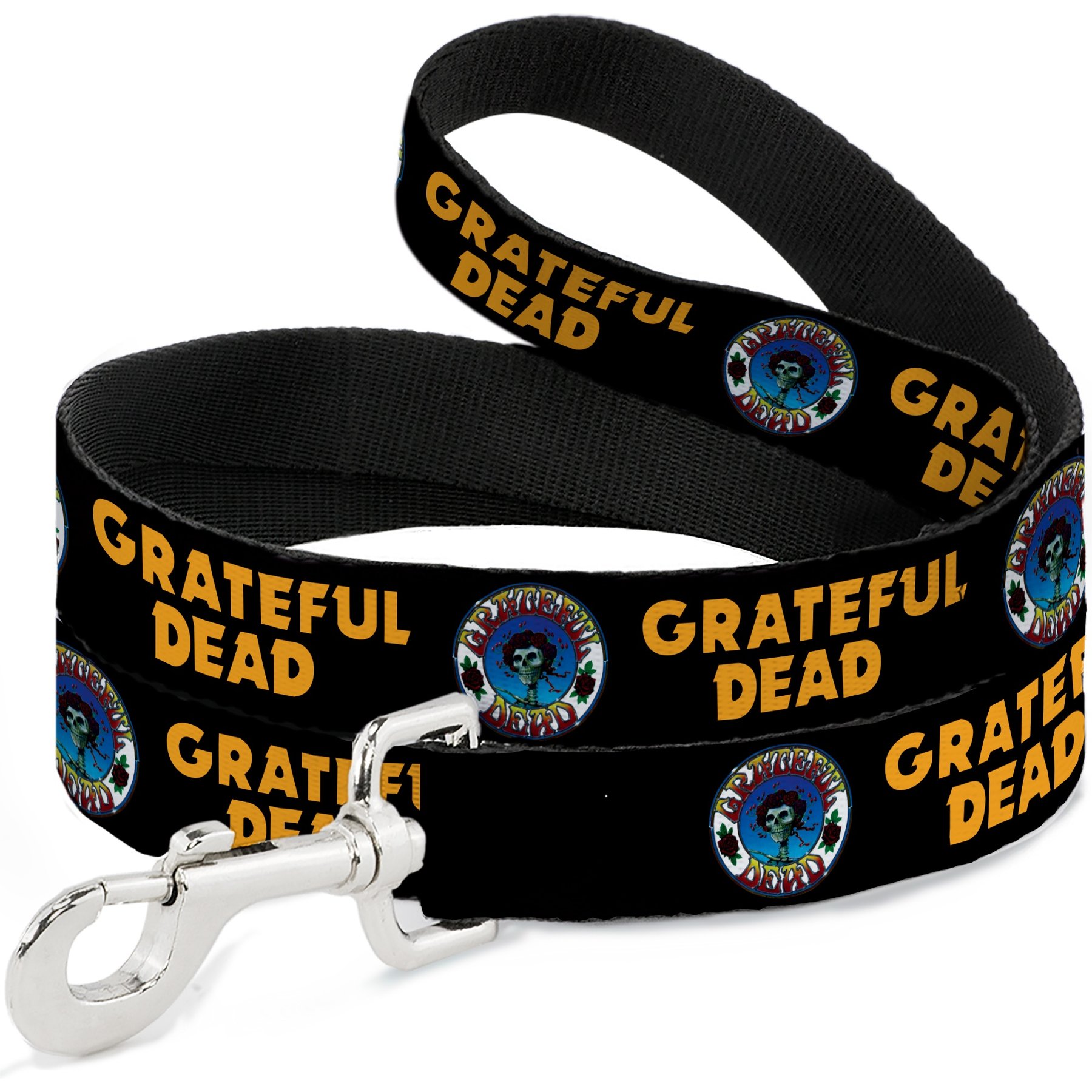 Buckle-Down Grateful Dead Text Skull & Roses Round Logo Polyester Dog Leash, Black/Yellow, 6-ft long, 1-in wide