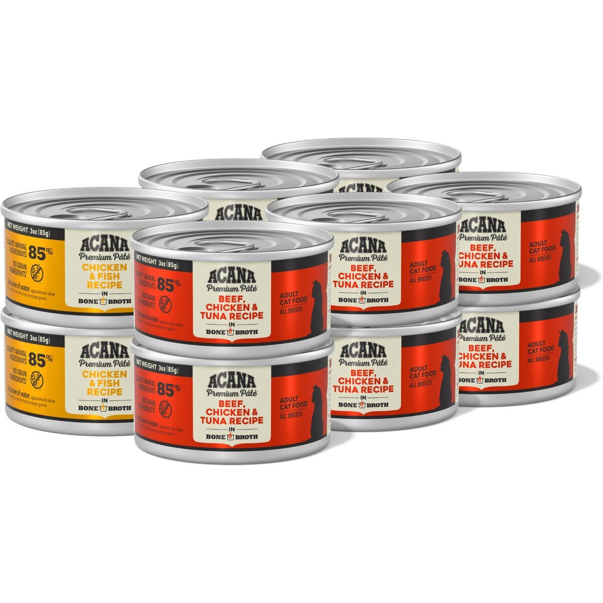 ACANA Premium Chicken & Fish + Beef Chicken & Tuna Variety Pack Pate in Bone Broth Wet Cat Food, 3-oz can, case of 12