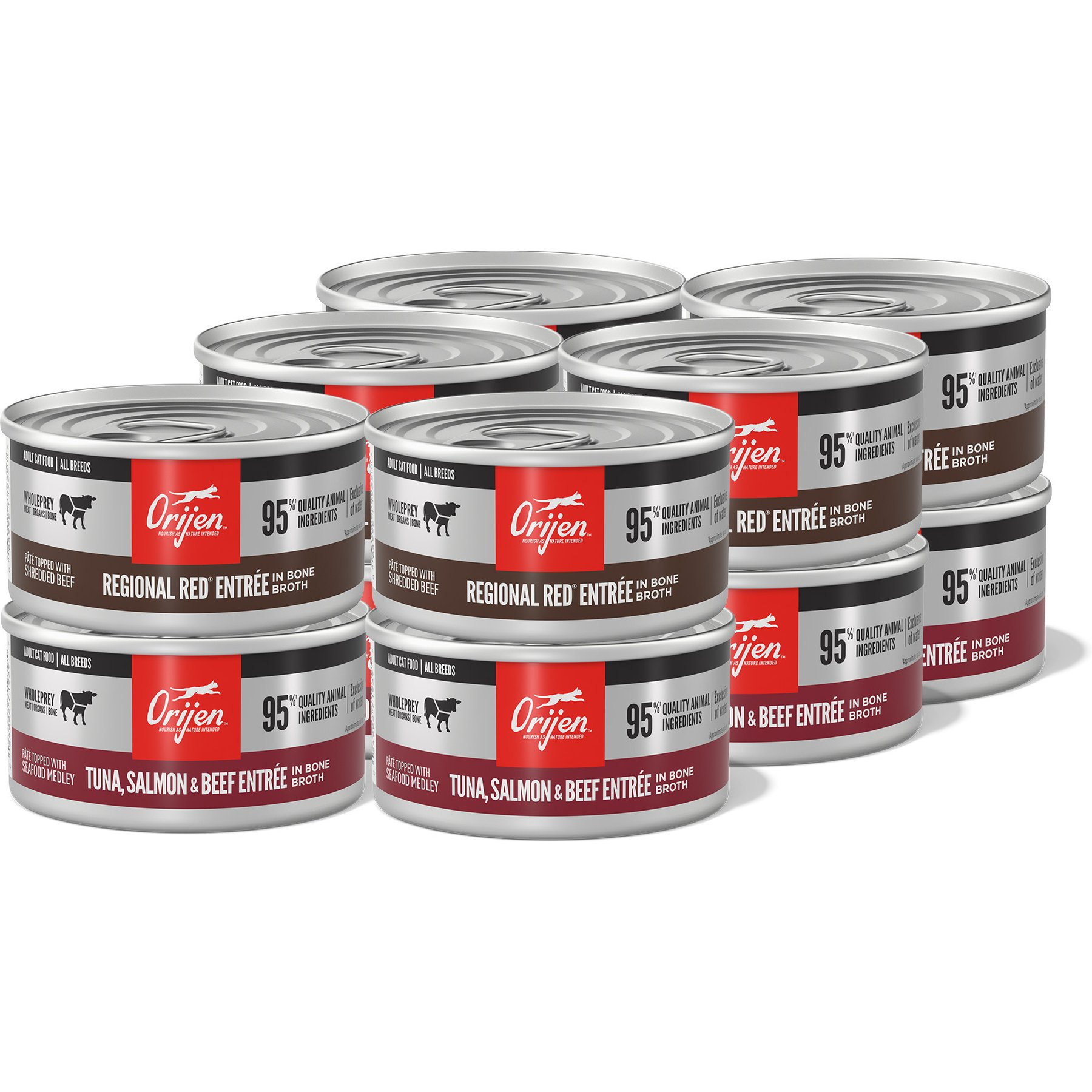 ORIJEN Premium Regional Red Entrees Variety Pack Tuna Salmon & Beef Pate Wet Cat Food, 3-oz can, case of 12