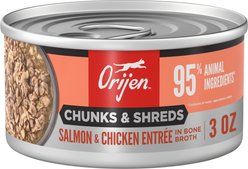 ORIJEN Salmon & Chicken Entree Chunks & Shreds Wet Cat Food, 3-oz can, case of 12