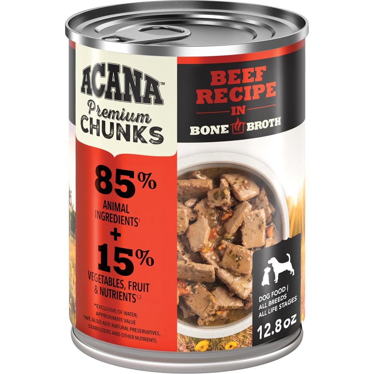 ACANA Premium Chunks Beef in Bone Broth Grain-Free Wet Dog Food, 12.8-oz can, case of 12