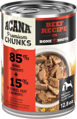Show full view: ACANA Premium Chunks Beef in Bone Broth Grain-Free Wet Dog Food, 12.8-oz can, case of 12 slide 3 of 12