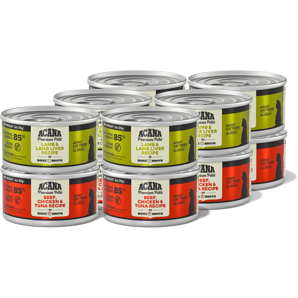 ACANA Premium Beef Chicken & Tuna + Lamb Variety Pack Pate in Bone Broth Wet Cat Food, 3-oz can, case of 12