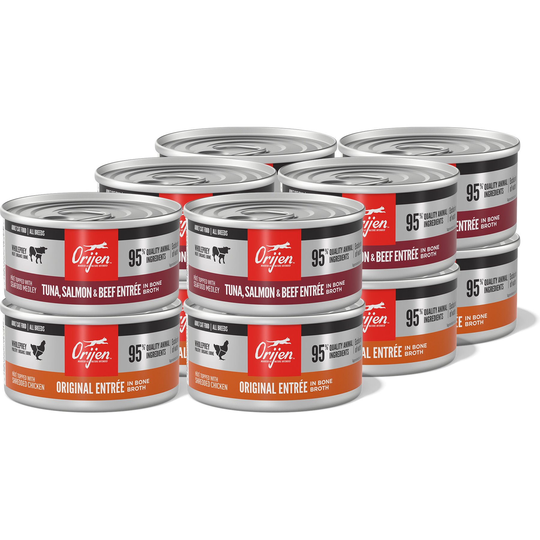 ORIJEN Premium Original Entrees Variety Pack Tuna Salmon & Beef Pate Wet Cat Food, 3-oz can, case of 12
