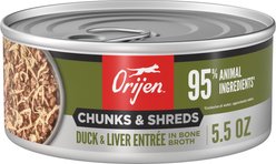 ORIJEN Duck & Liver Entree Chunks & Shreds Wet Cat Food, 5.5-oz can, case of 6