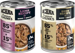 ACANA Premium Lamb & Duck Chunks in Bone Broth Variety Pack Grain-Free Wet Dog Food, 12.8-oz can, case of 6 slide 2 of 8