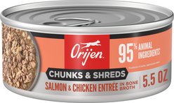 ORIJEN Salmon & Chicken Entree Chunks & Shreds Wet Cat Food, 5.5-oz can, case of 6