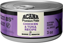 ACANA Premium Chicken & Tuna in Bone Broth Pate Kitten Wet Cat Food, 3-oz can, case of 24