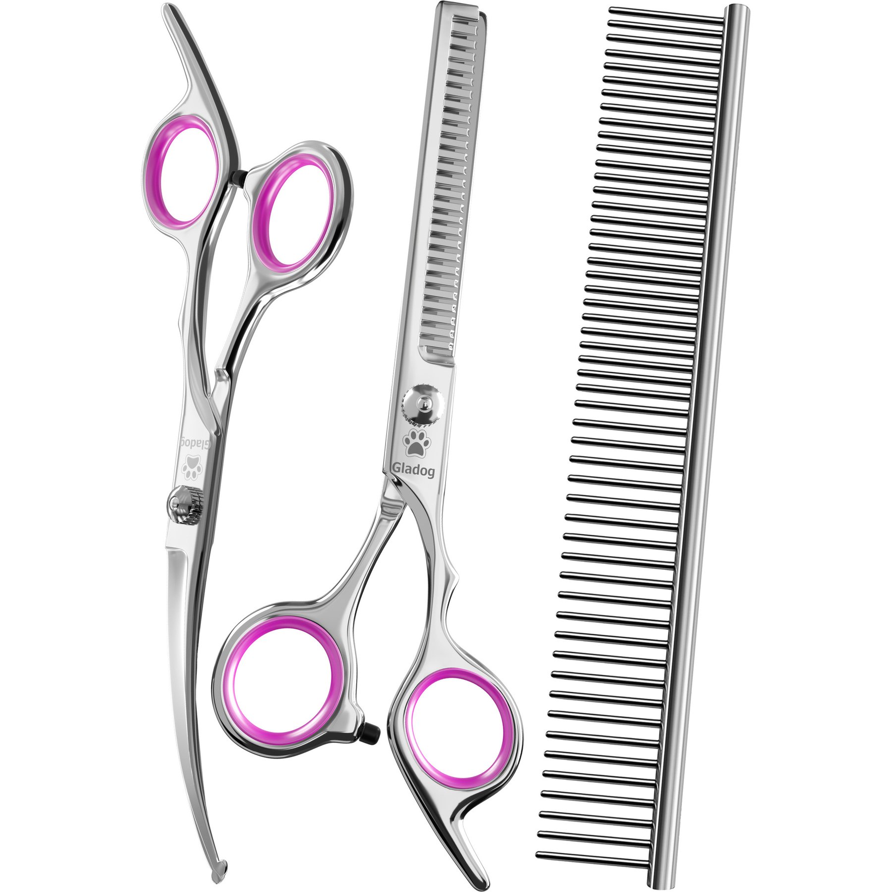 GLADOG Professional 3-in-1 Dog, Cat & Small Pet Grooming Scissors Kit with Grooming Comb, Red, 6-in, 3 count