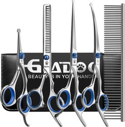 GLADOG Professional 6-in-1 Dog, Cat & Small Pet Grooming Scissors Kit with Grooming Comb, Blue, 6-in, 5 count