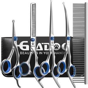 GLADOG Professional 6-in-1 Dog, Cat & Small Pet Grooming Scissors Kit with Grooming Comb, Blue, 6-in, 5 count