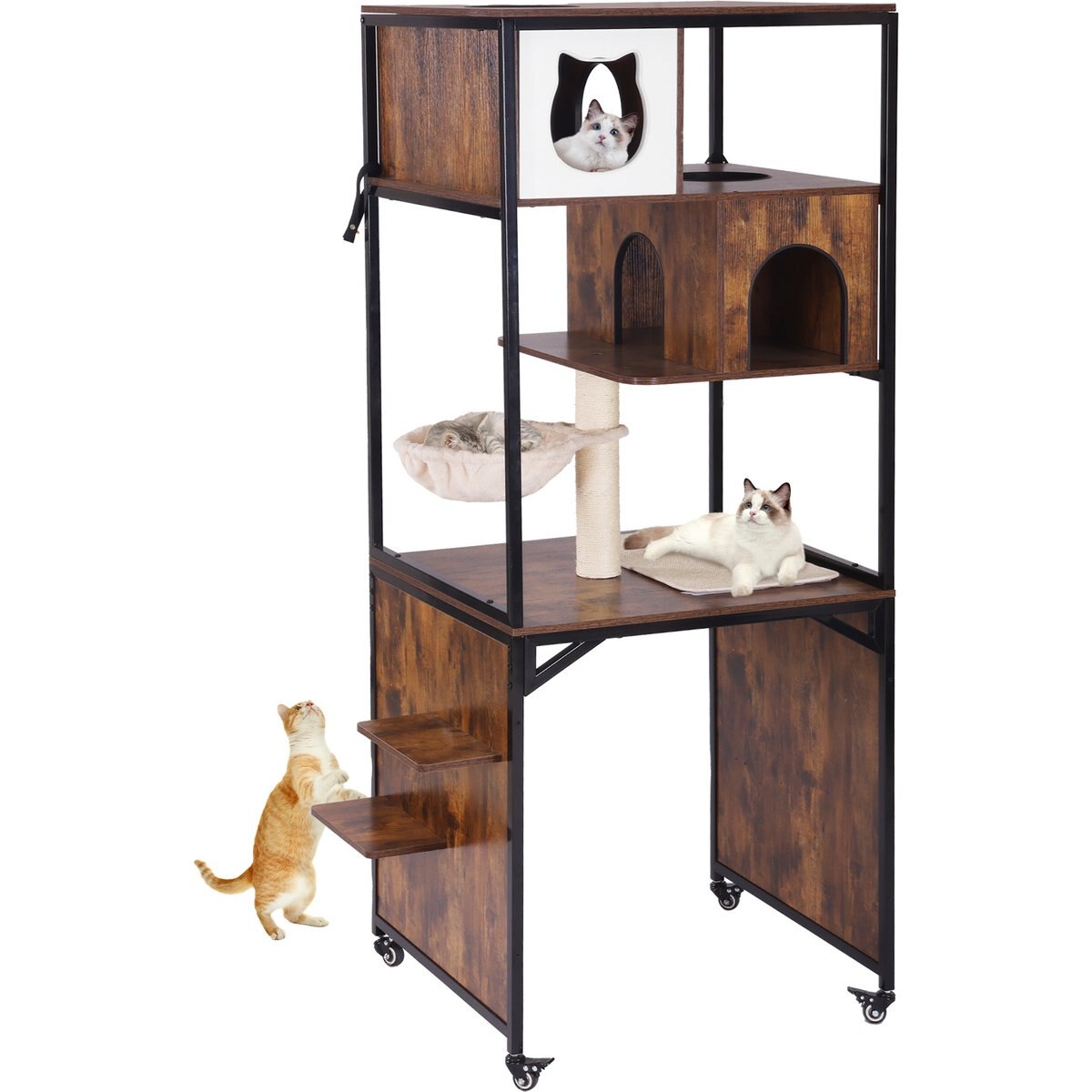 Aivituvin-AIR7015 Wooden Cat Litter Box Enclosure with Metal Frame House, Brown, Medium