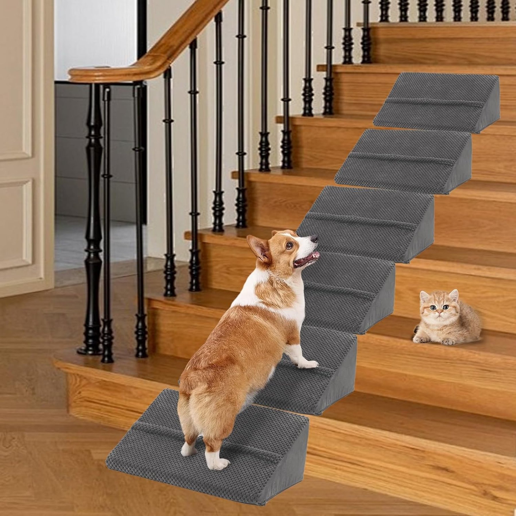 MALOROY Anti-Slip Bottom Staircase & Self-Sticky Pads Dog Ramp, Dark Grey