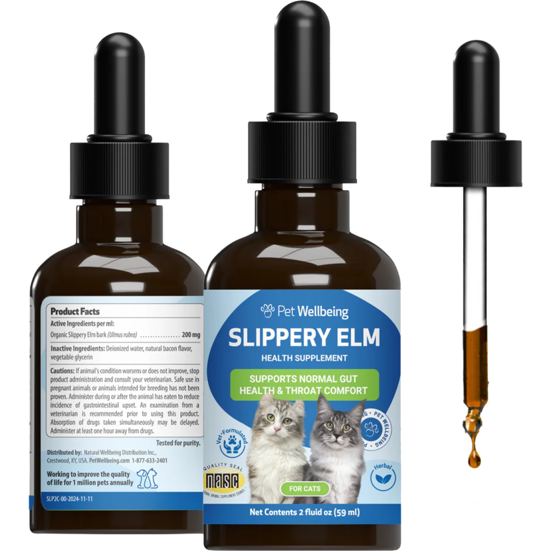 Pet Wellbeing Slippery Elm Healthy Digestive Tract & Throat Tissue Bacon Flavored Liquid Supplement for Cats, 2-oz