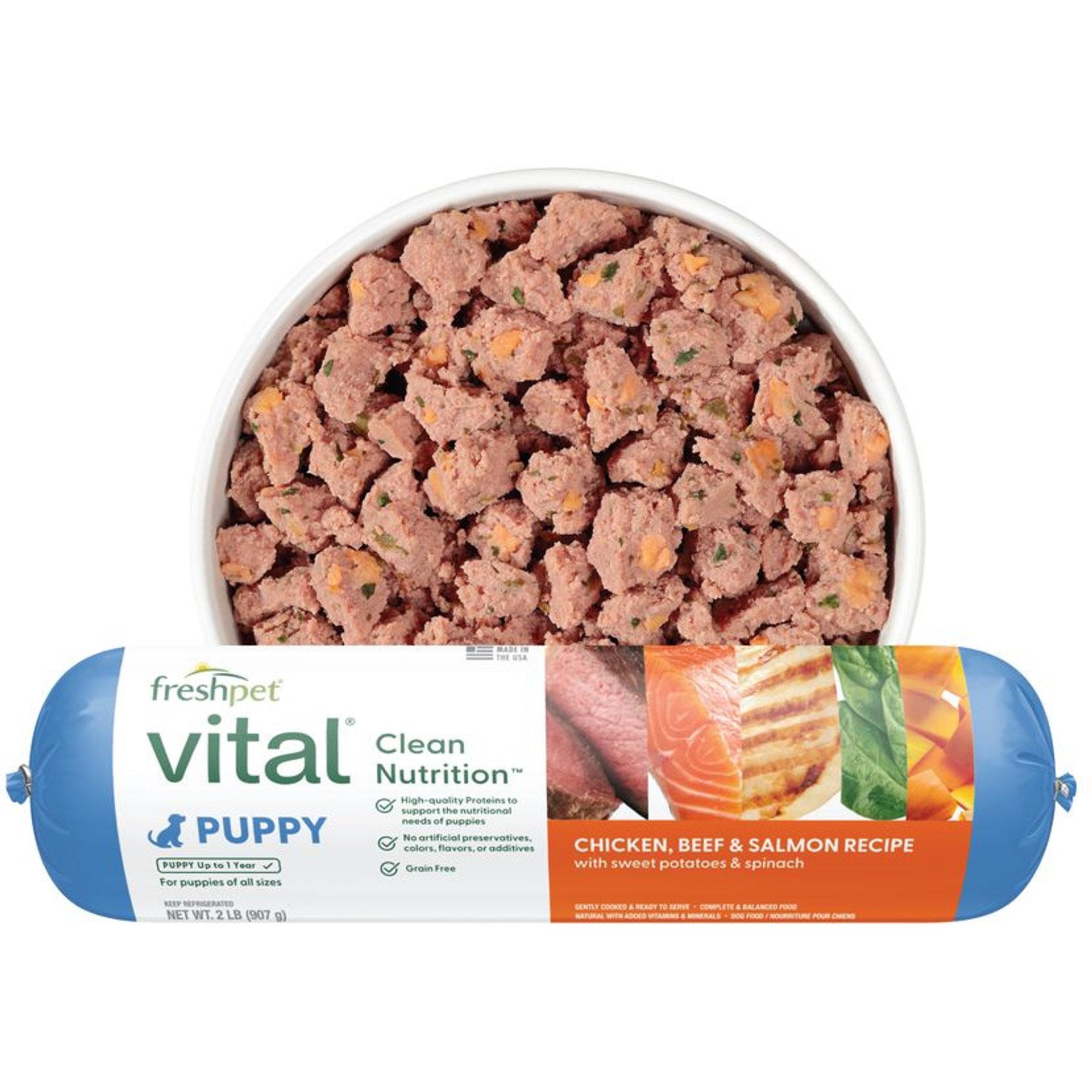 Freshpet Grain-Free Chicken, Beef, & Salmon Recipe Puppy Fresh Refrigerated Dog Food, 2-lb roll, case of 8