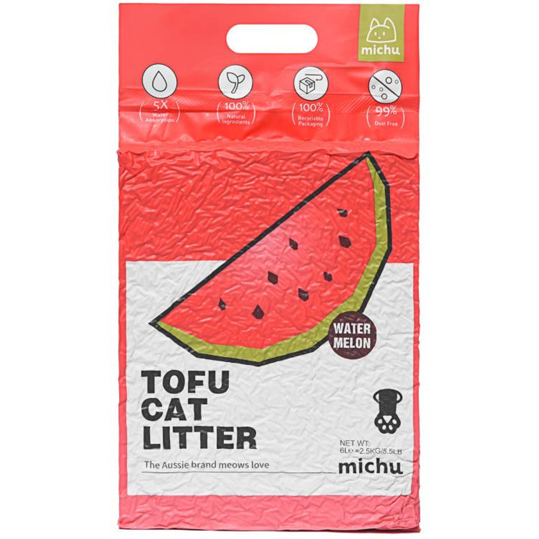 Michu Natural Watermelon Scented Clumping Tofu Cat Litter, 5.5-lb bag, case of 6