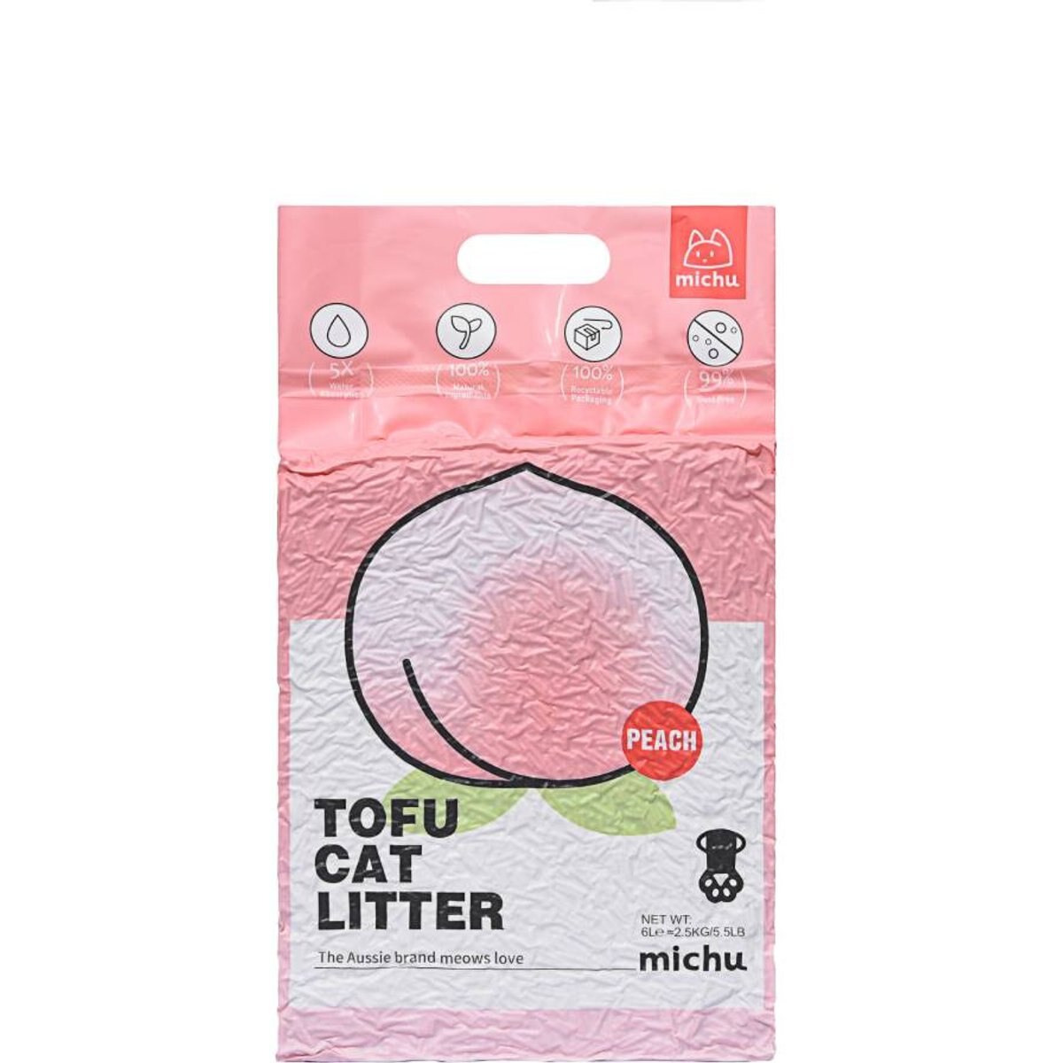 Michu Natural Peach Scented Clumping Tofu Cat Litter, 5.5-lb bag, case of 6