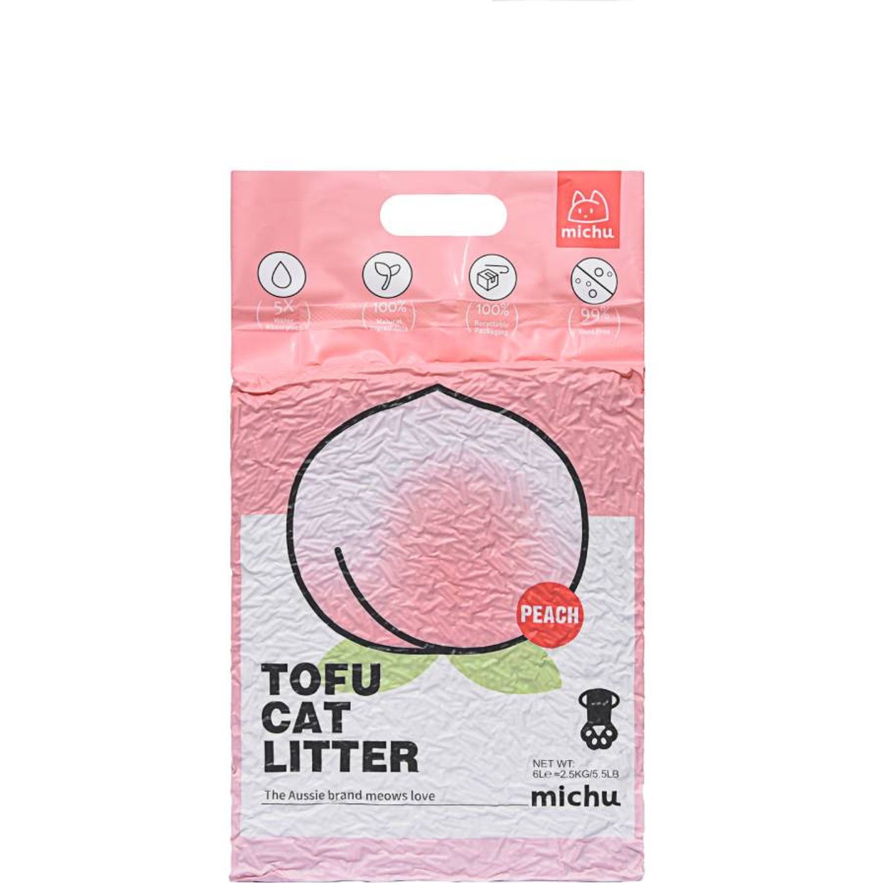 Michu Natural Peach Scented Clumping Tofu Cat Litter, 5.5-lb bag, case of 6